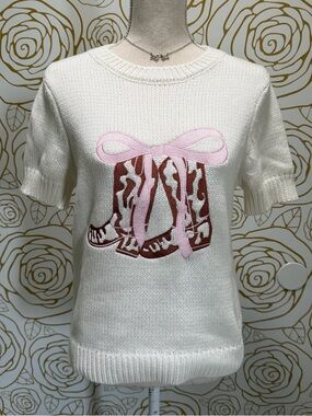 NWT Willow & Wind Pink Bow & brown Cowboy Boots short sleeve knit